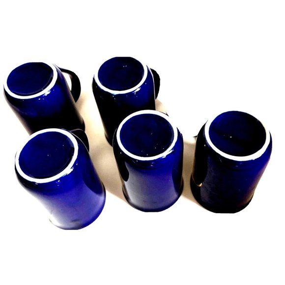 Asian Design Skinny Coffee Mug Cup Cobalt Blue Shiny Gold Signs Set 5  Vintage - Picture 9 of 10